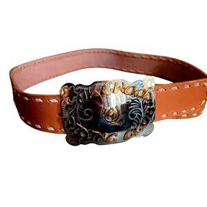 Vintage Cowboy belt 30 Lakewood Colorado Buckle Leather Belt Nickel Silver 80s